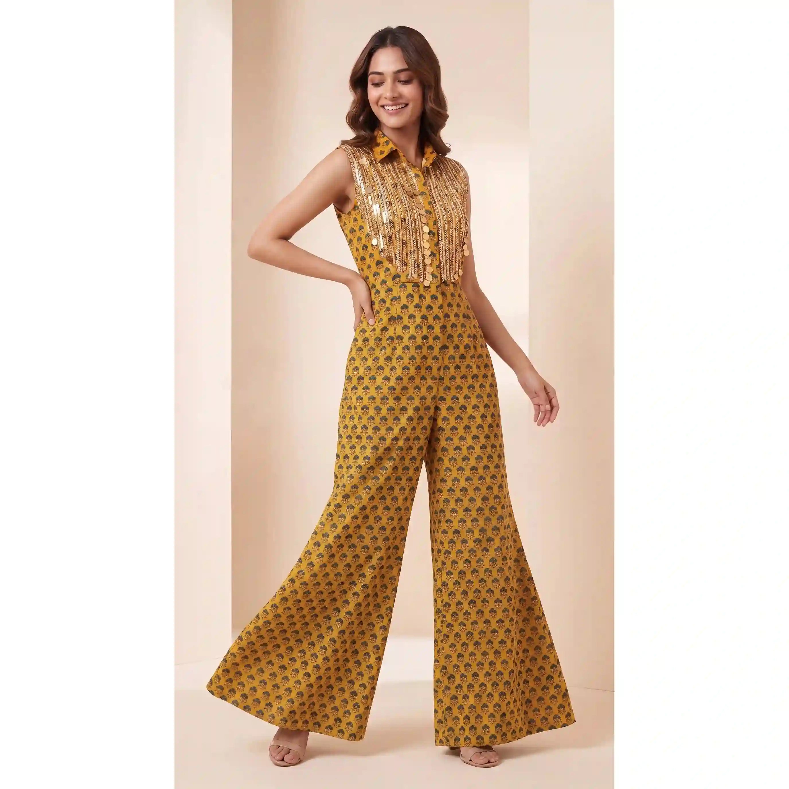 Yellow Ajrakh Modal Silk Jumpsuit with Embroidery