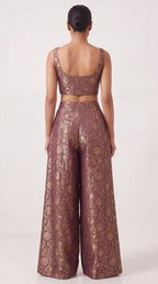 KANIRA — Plum Katan Silk Brocade Jacket, Crop Top & Pant Set — thumbnail 3