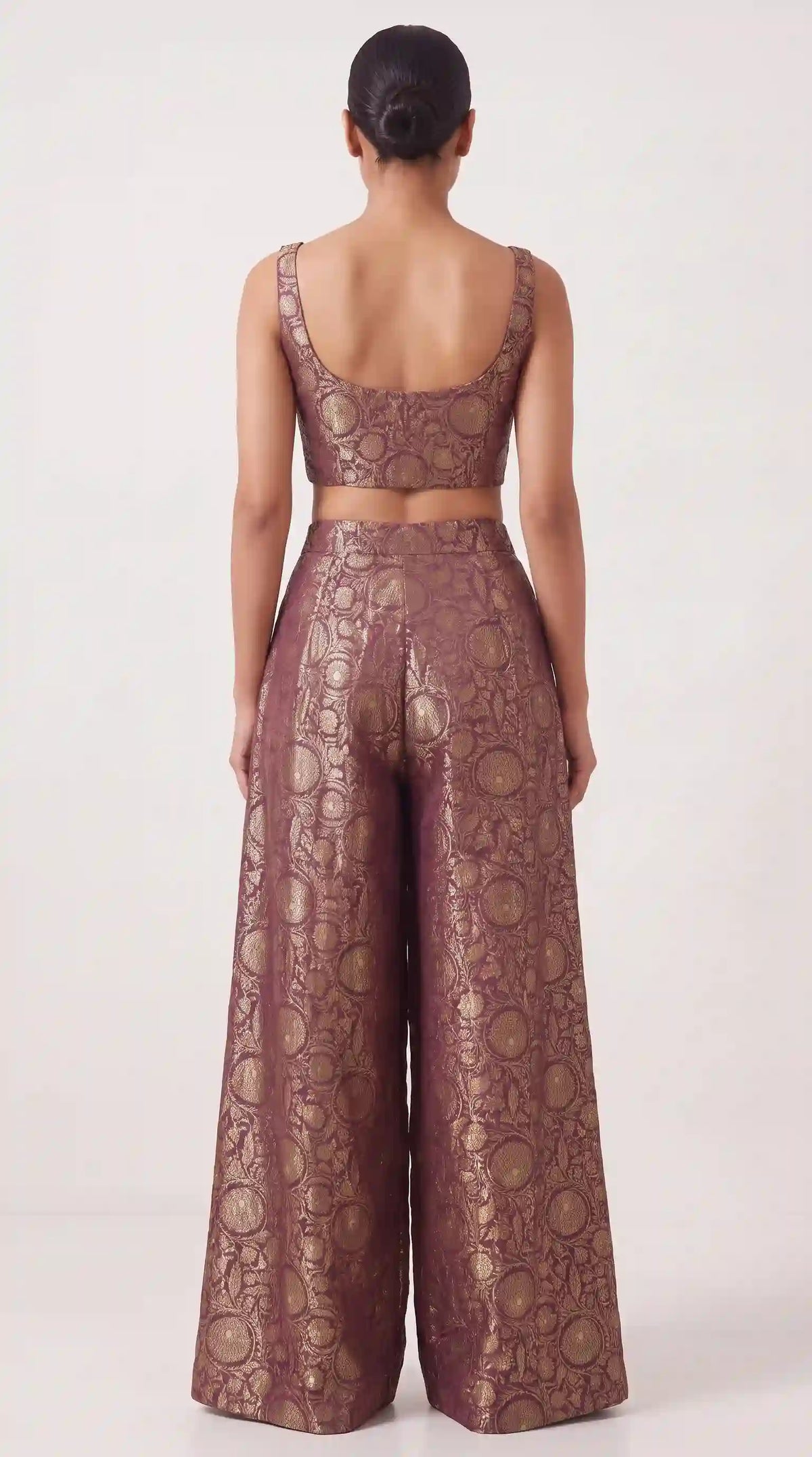 KANIRA — Plum Katan Silk Brocade Jacket, Crop Top & Pant Set