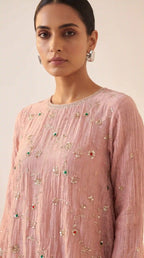 IRAAYA — Blush Pink Crushed Tissue Silk Kurta & Tulip Dhoti Set — thumbnail 2