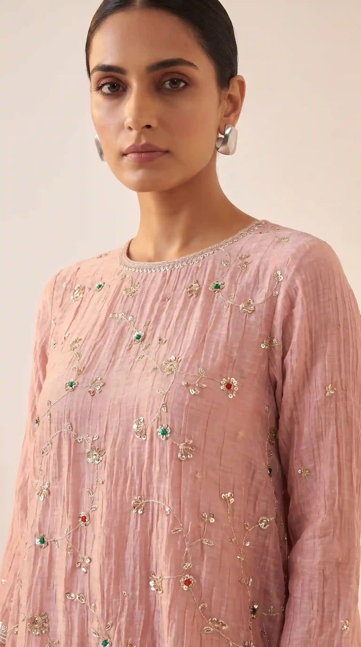 IRAAYA — Blush Pink Crushed Tissue Silk Kurta & Tulip Dhoti Set