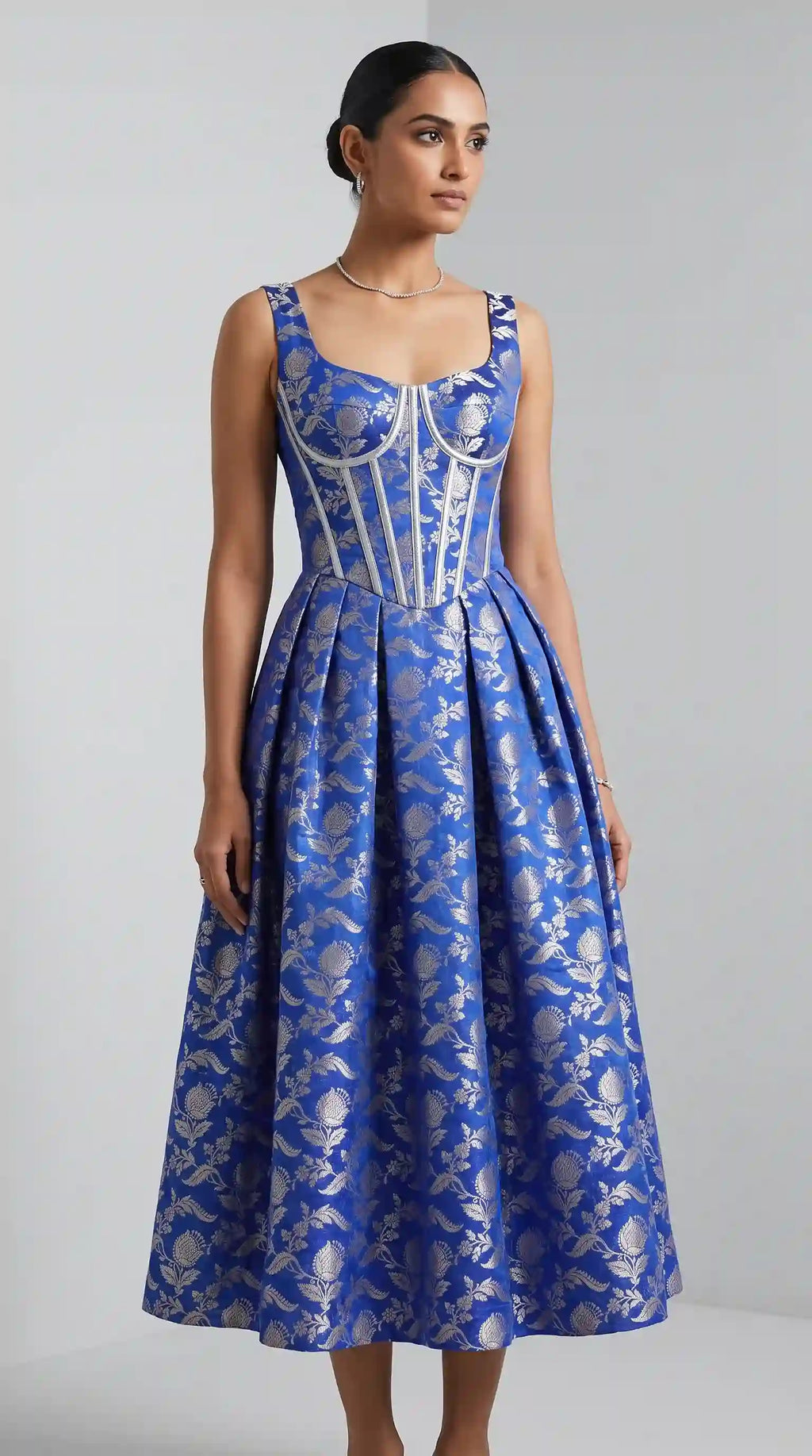 Royal Blue Chanderi Brocade Corset Midi Dress