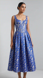 Royal Blue Chanderi Brocade Corset Midi Dress — thumbnail 4