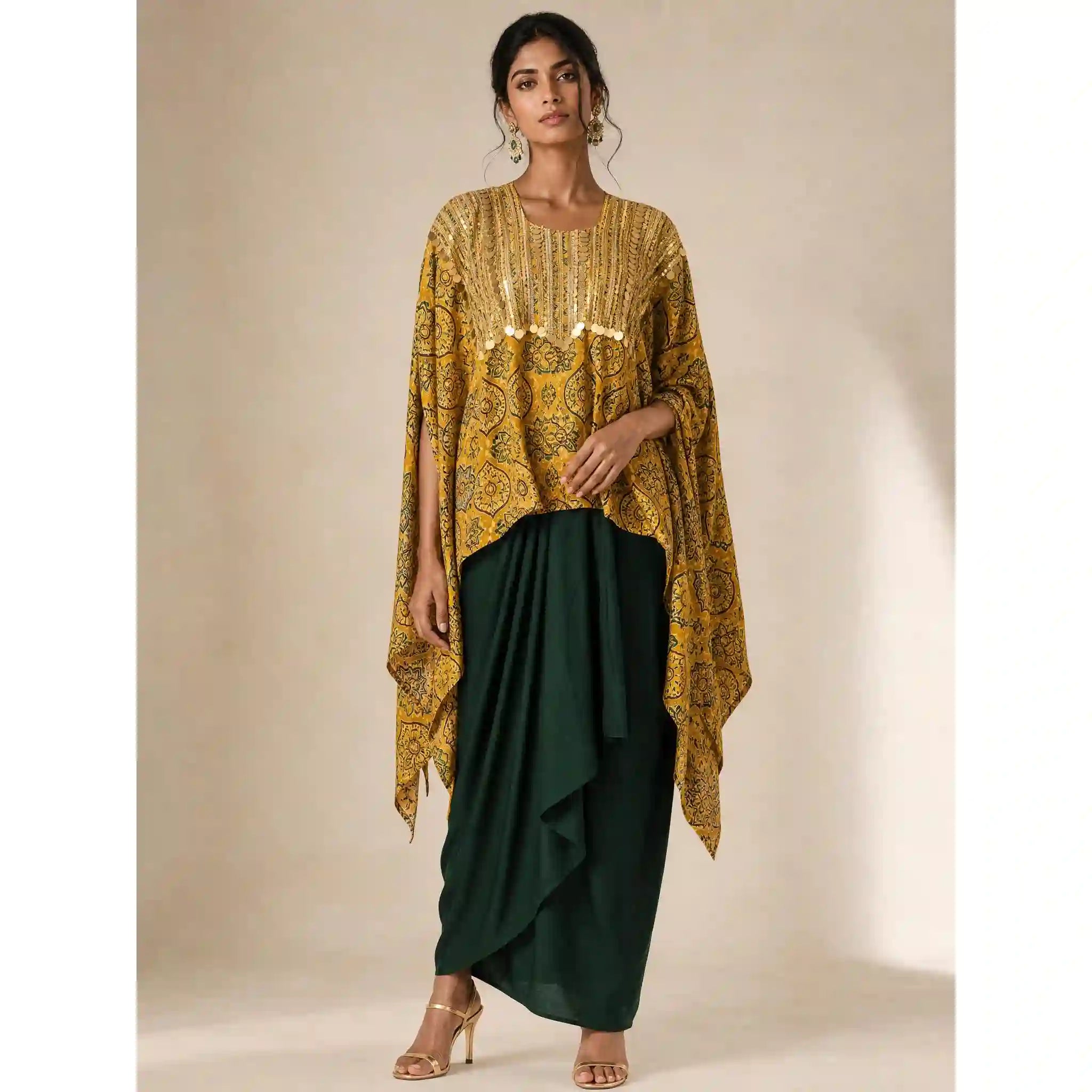 RAABTA — Modal Silk Ajrakh Kaftan Draped Skirt Set (Yellow)