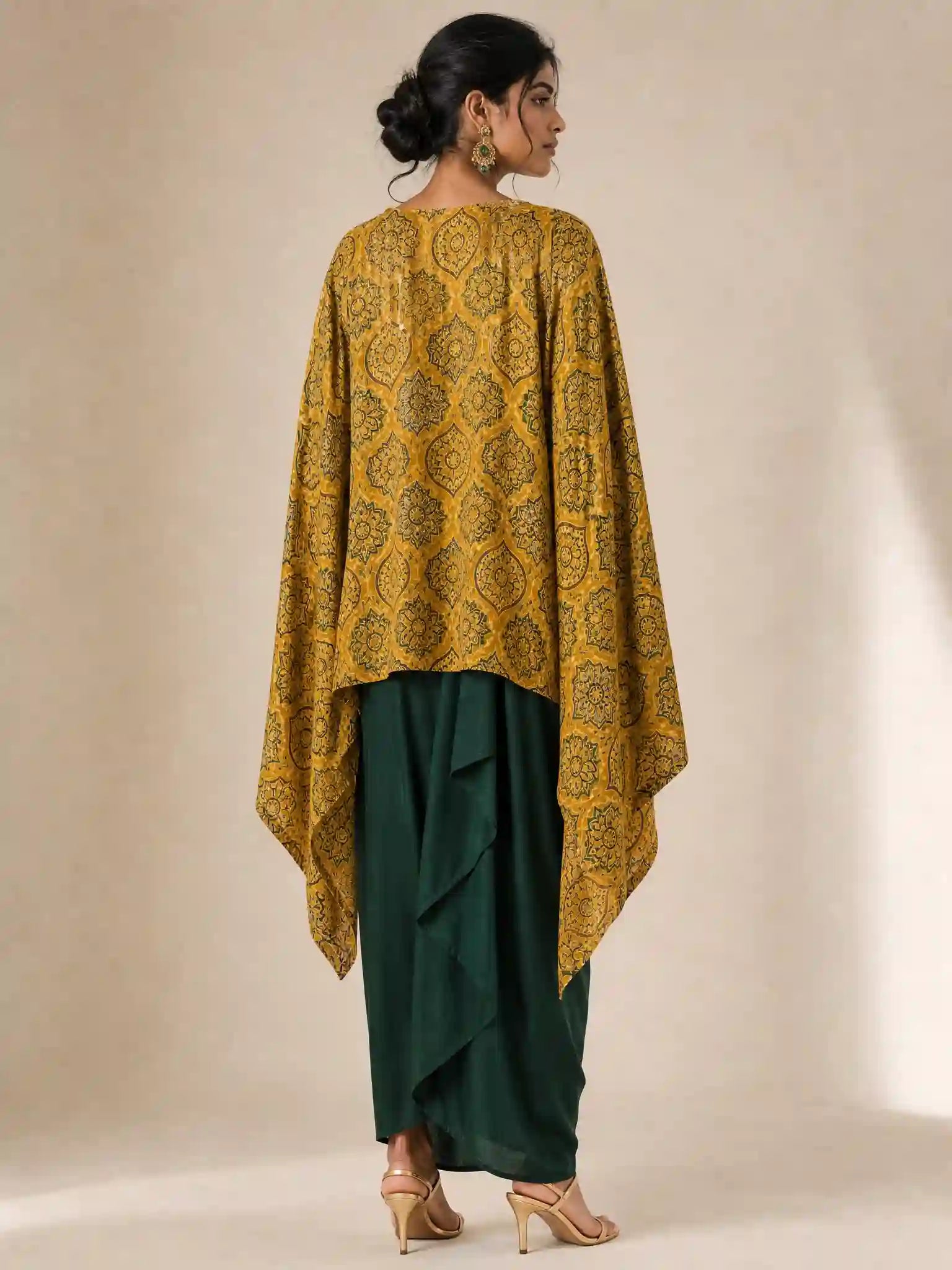 RAABTA — Modal Silk Ajrakh Kaftan Draped Skirt Set (Yellow)