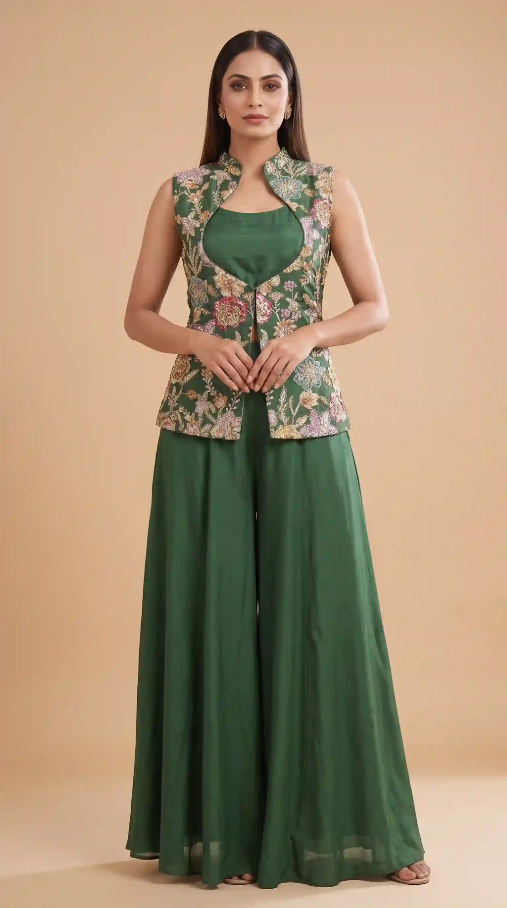 HARIT - Crepe Embroidered Jacket & Modal Silk Blouse-Palazzo Set
