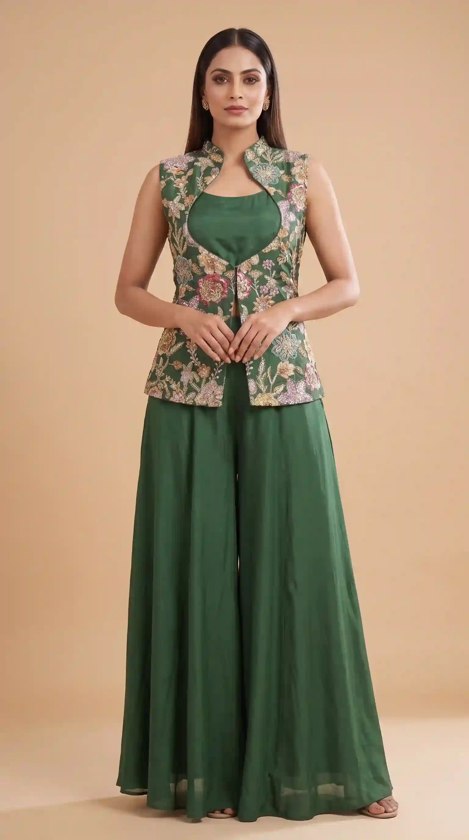 HARIT - Crepe Embroidered Jacket & Modal Silk Blouse-Palazzo Set