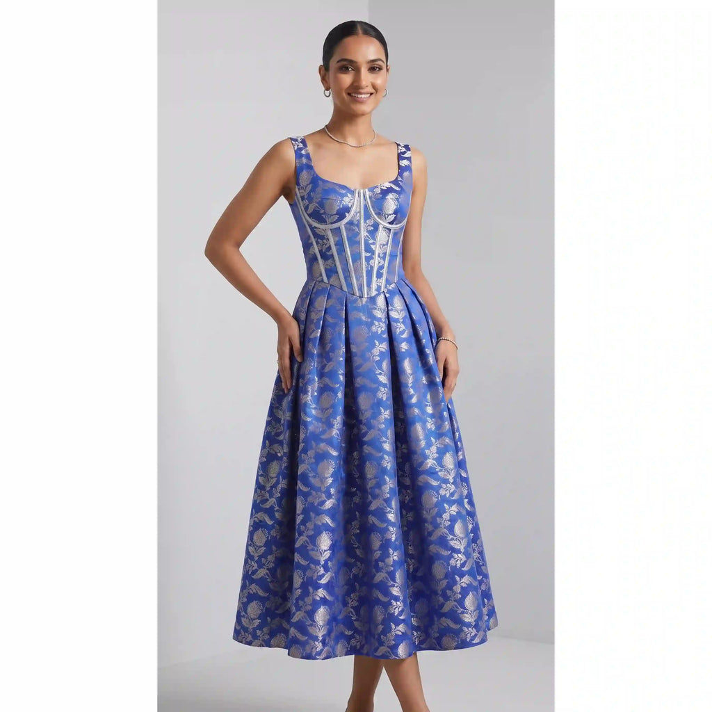 Royal Blue Chanderi Brocade Corset Midi Dress