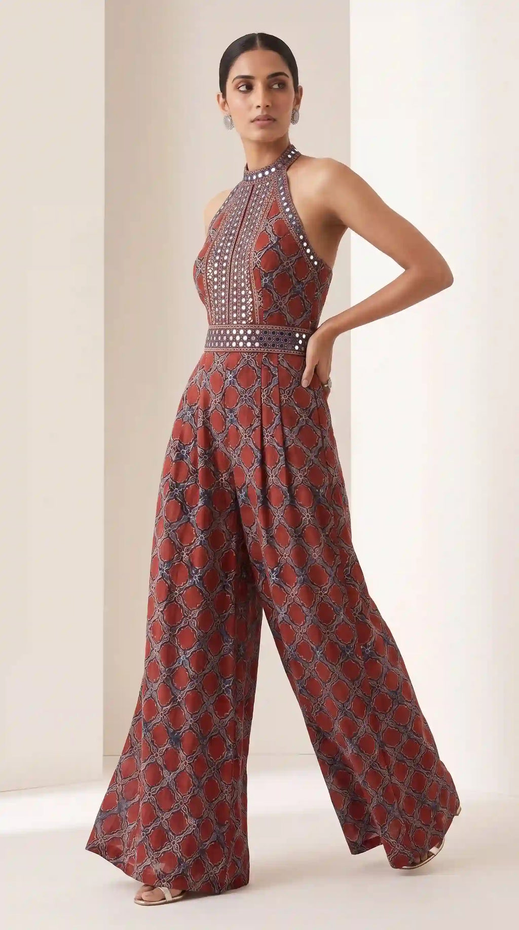 Rust Red Ajrakh Modal Silk Jumpsuit with Mirror Work