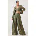 KANIRA — Green Katan Silk Brocade Jacket, Crop Top & Pant Set