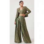 KANIRA — Green Katan Silk Brocade Jacket, Crop Top & Pant Set — thumbnail 1