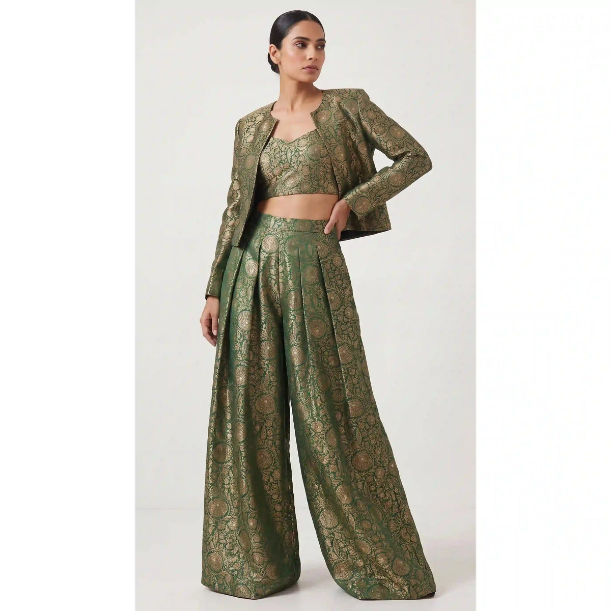 KANIRA — Green Katan Silk Brocade Jacket, Crop Top & Pant Set