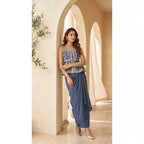 Blue Denim Peplum top Draped Skirt Set