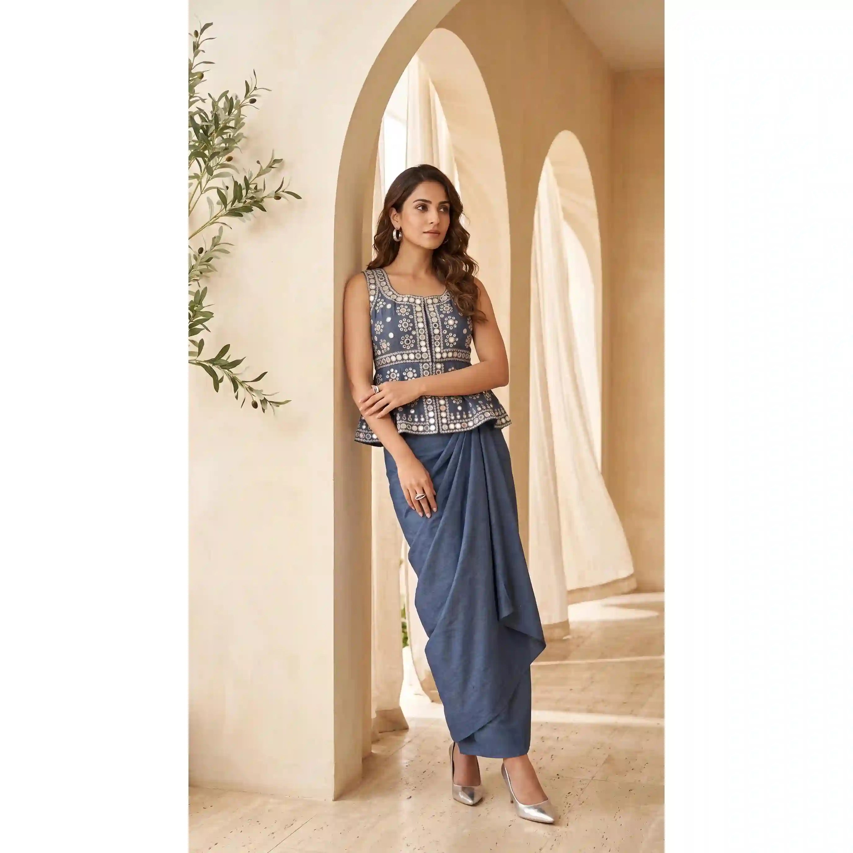 Blue Denim Peplum top Draped Skirt Set