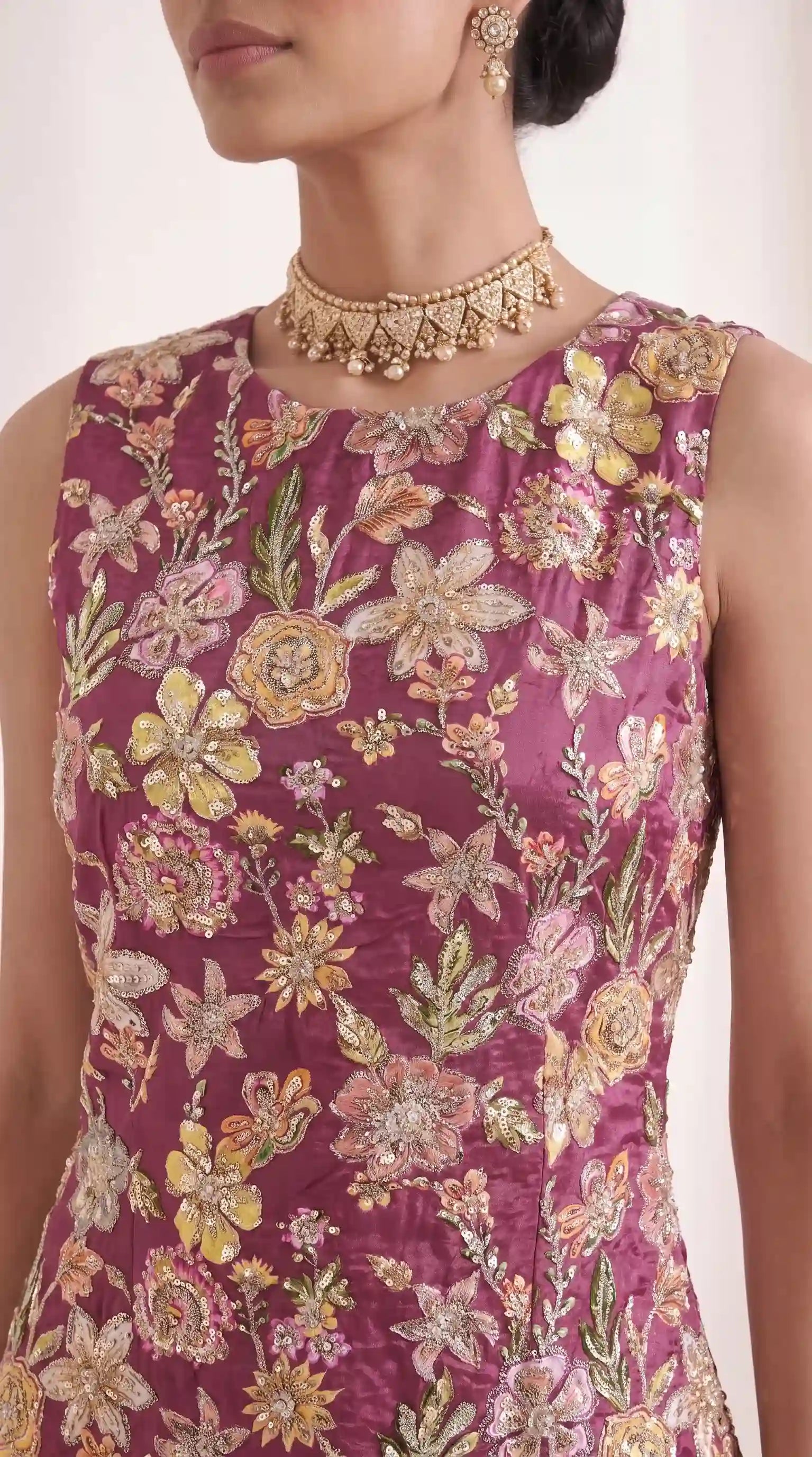 VEERA - Crepe Embroidered Asymmetrical Top & Draped Skirt Set (Wine)