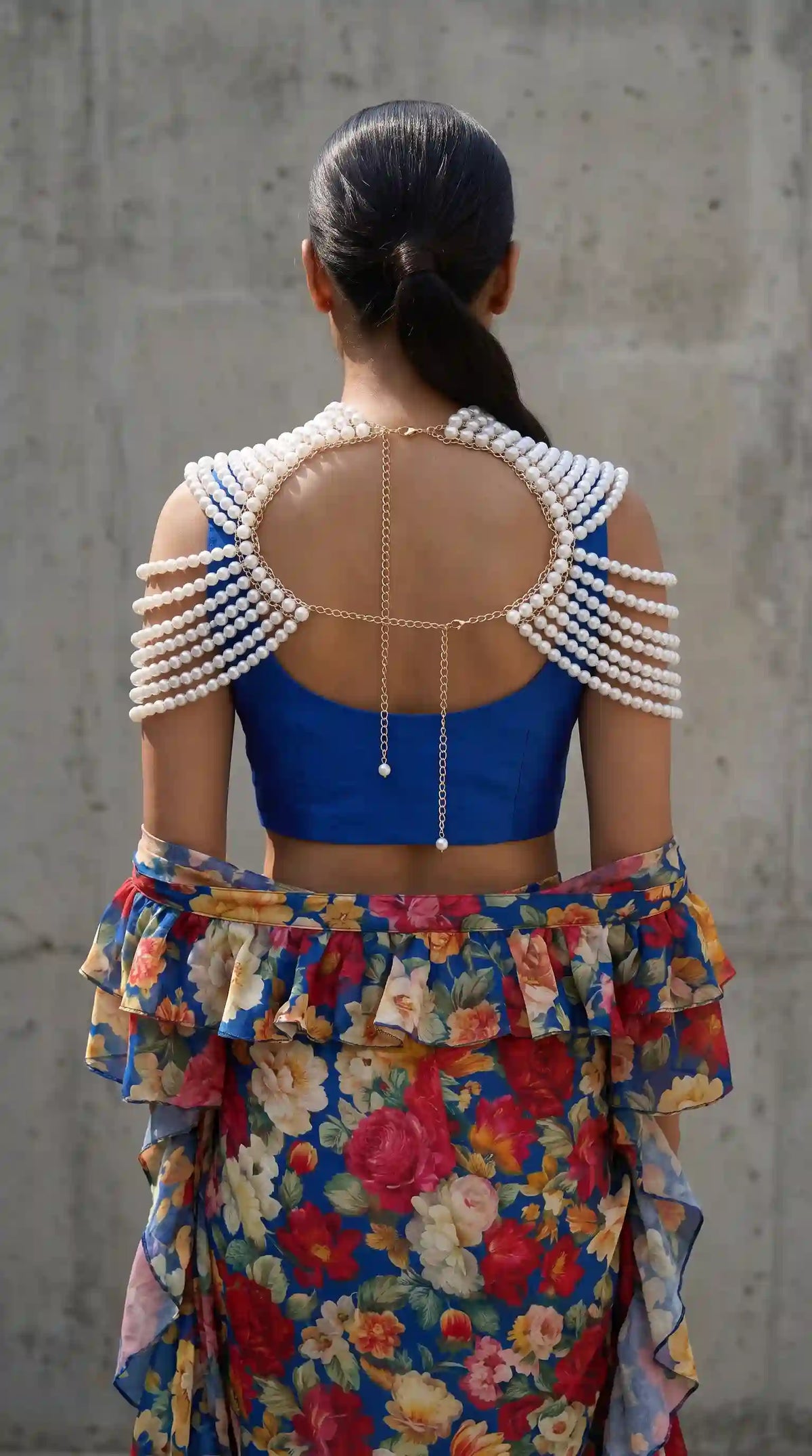 GULMEHR — Blue Floral Draped Skirt & Pearl Cape Set