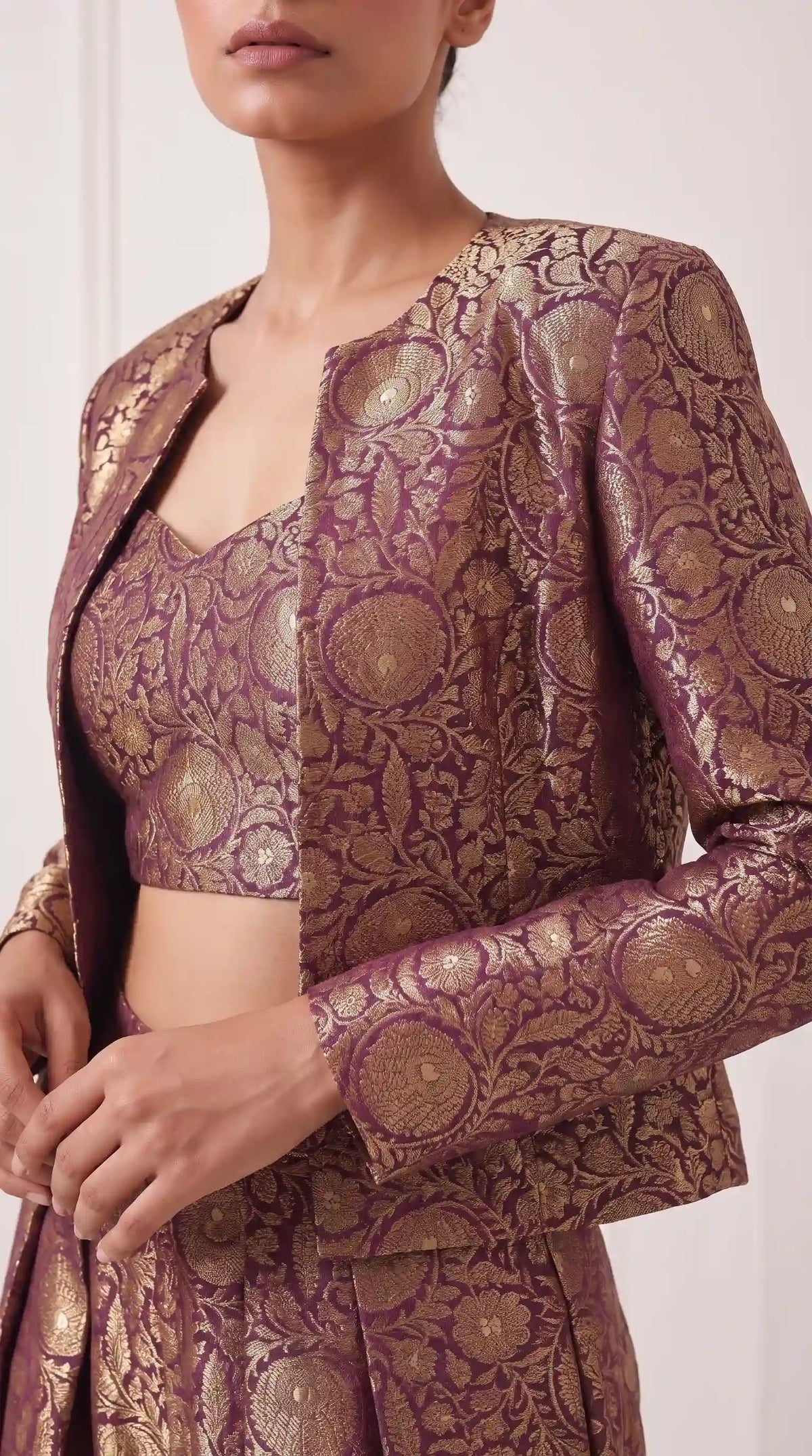 KANIRA — Plum Katan Silk Brocade Jacket, Crop Top & Pant Set