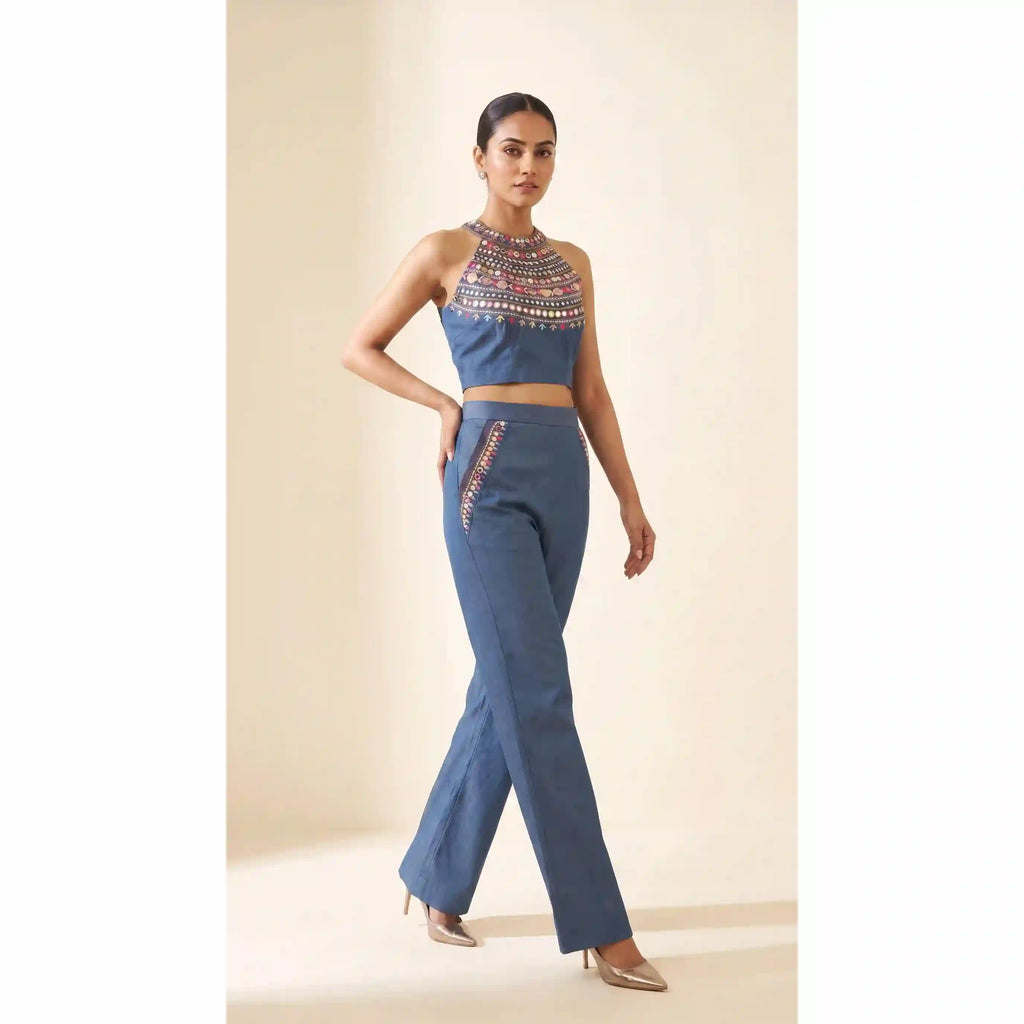 Blue Denim Multicolour Mirror Work Top-Pant Set