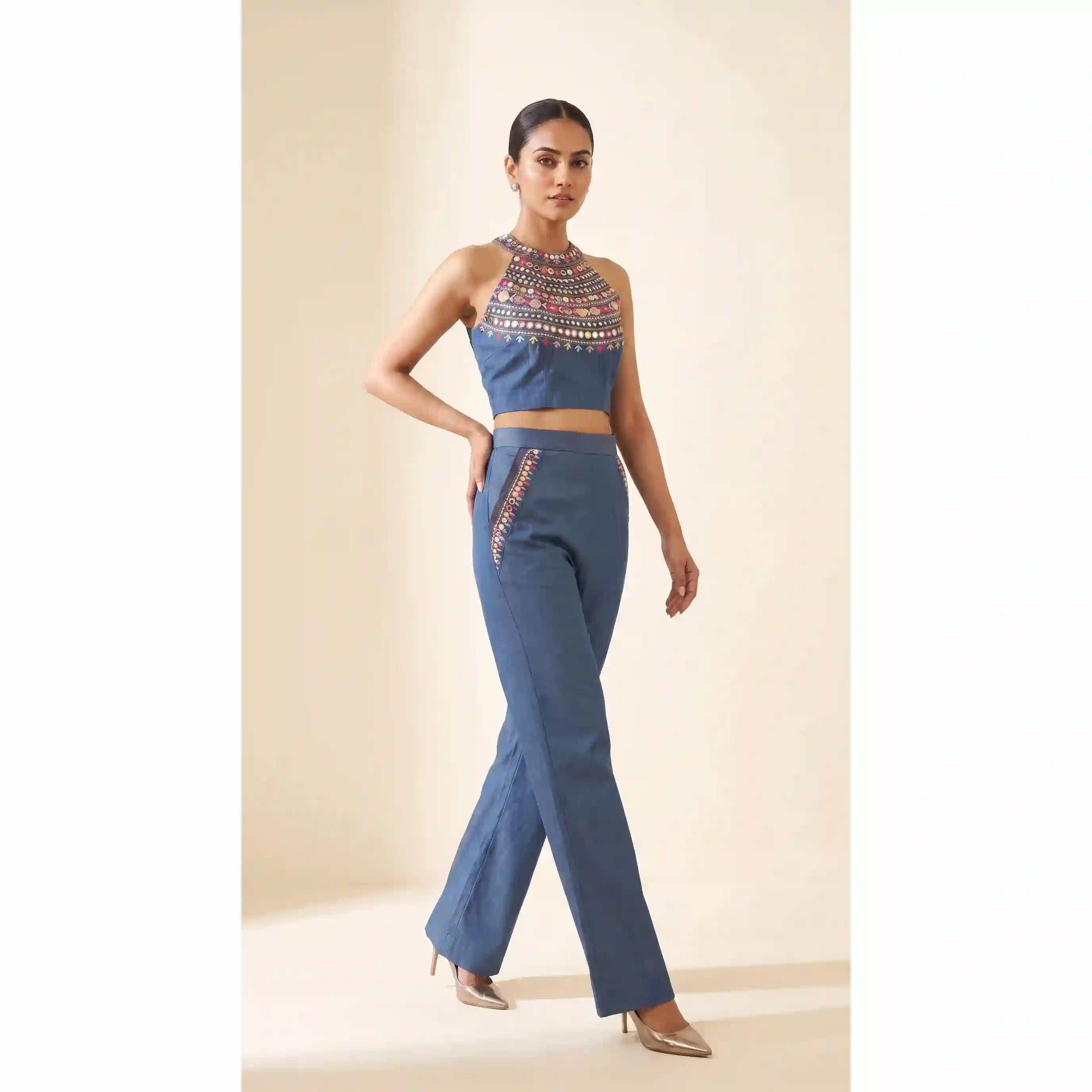 Blue Denim Multicolour Mirror Work Top-Pant Set