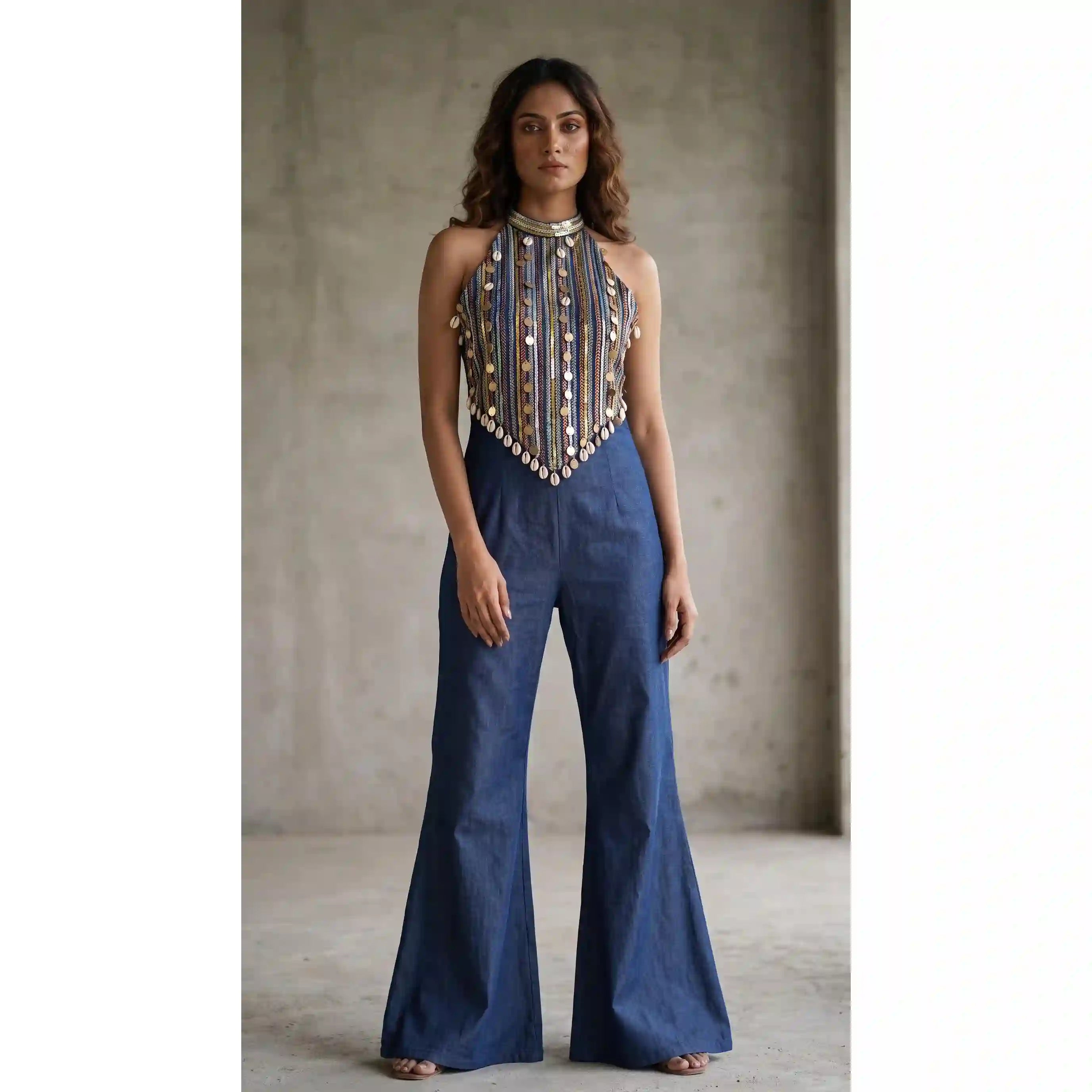 Blue Denim Threadwork Halter Neck Jumpsuit