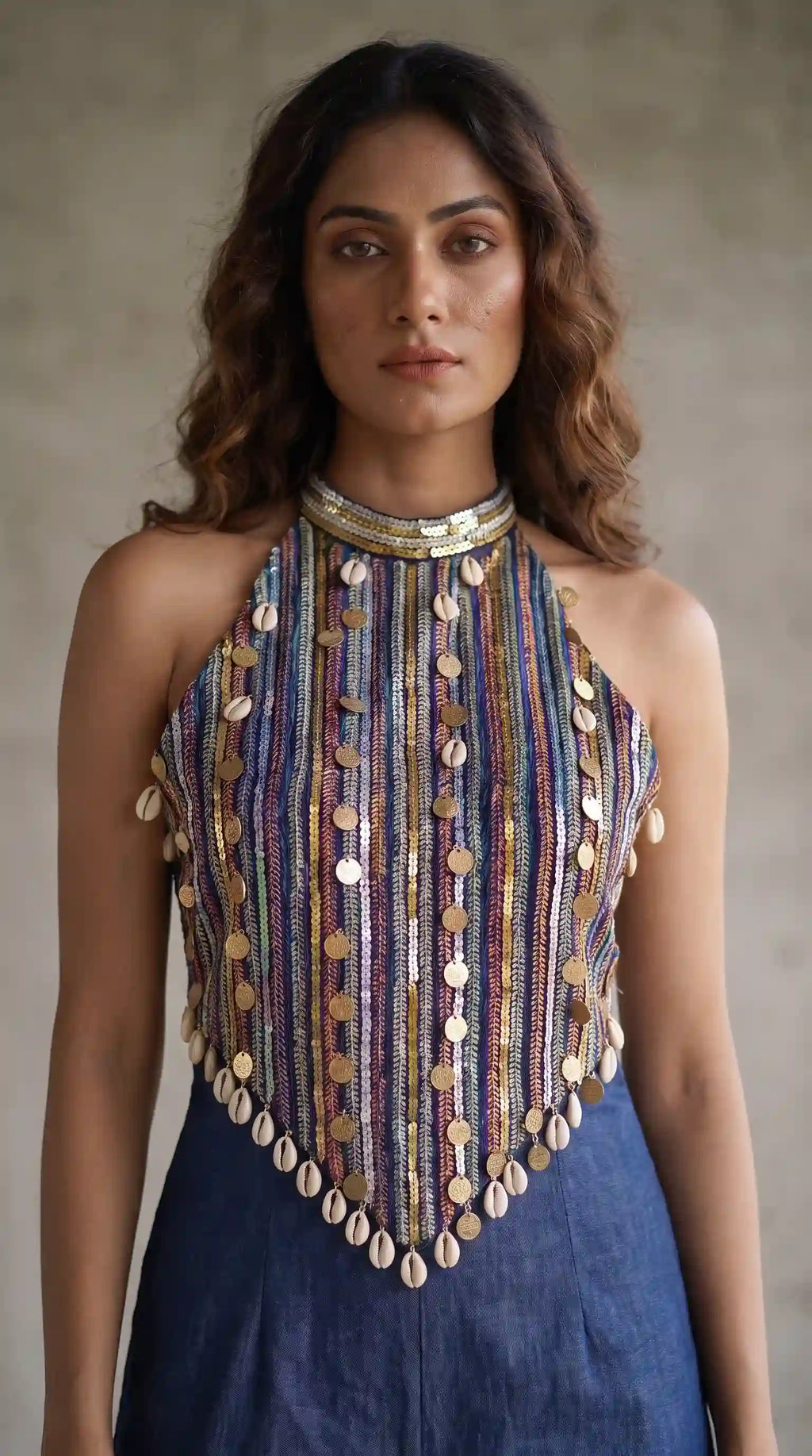 Blue Denim Threadwork Halter Neck Jumpsuit