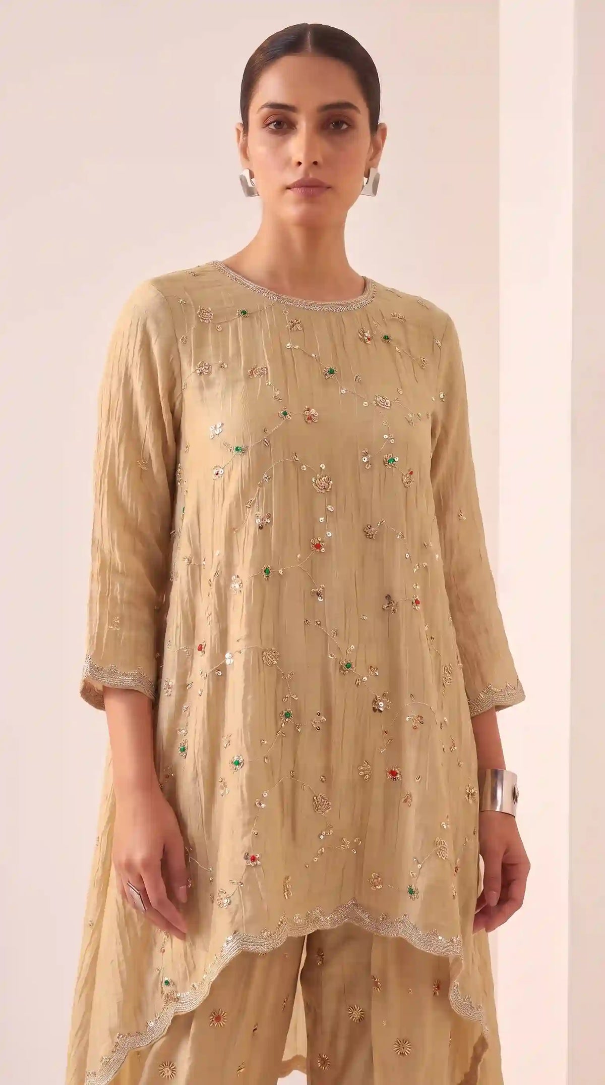 IRAAYA — Champagne Gold Crushed Tissue Silk Kurta & Tulip Dhoti Set