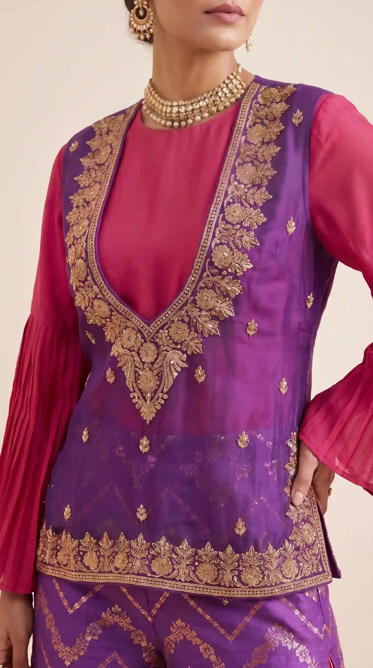 MEHER — Purple Zardosi Organza Overlay & Brocade Palazzo Set
