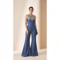 Blue Denim Jumpsuit with Mirror Work (Dull Gold) featuring mirror work