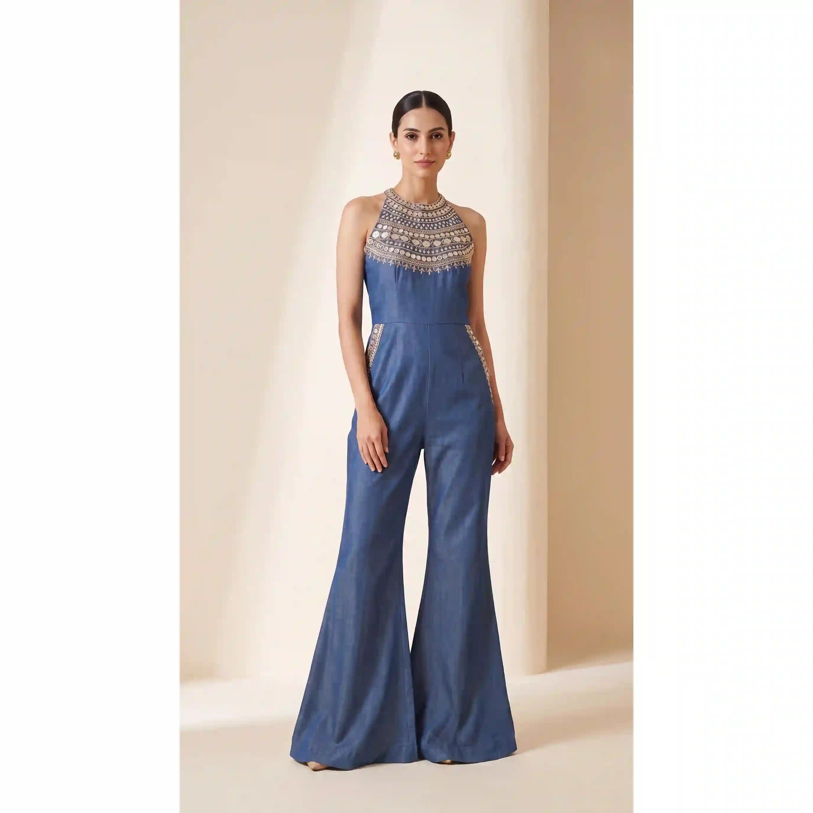 Blue Denim Jumpsuit with Mirror Work (Dull Gold)