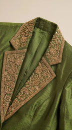 KAJRI — Handloom Tissue Silk Zardosi Blouse Draped Skirt and Blazer Set featuring zardosi hand embroidery