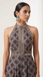 Black Ajrakh Modal Silk Jumpsuit with Mirror Work — thumbnail 2
