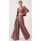 KANIRA — Plum Katan Silk Brocade Jacket, Crop Top & Pant Set — thumbnail 1