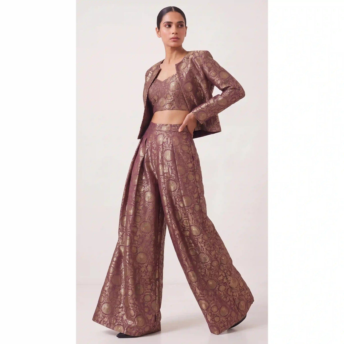 KANIRA — Plum Katan Silk Brocade Jacket, Crop Top & Pant Set