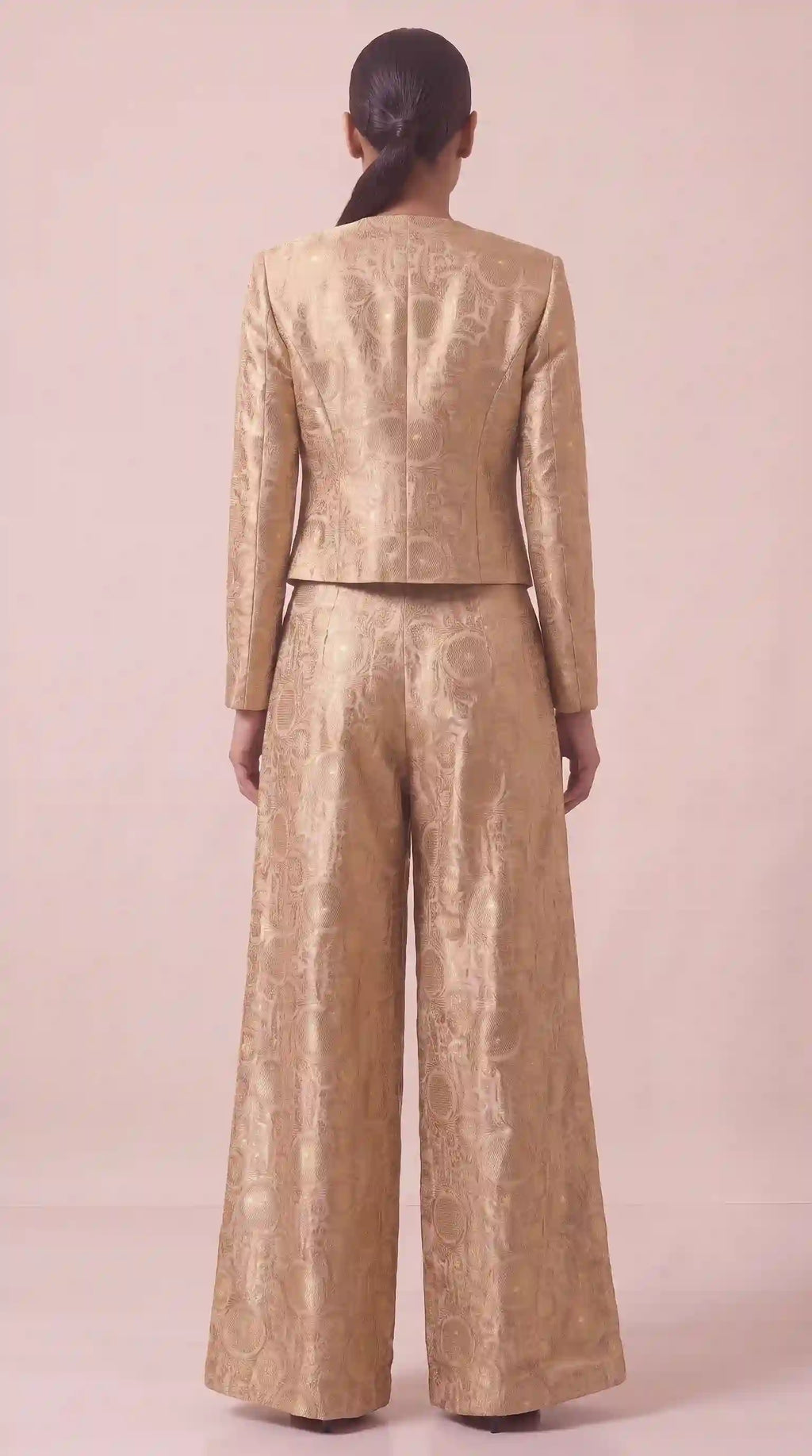 KANIRA — Beige Katan Silk Brocade Jacket, Crop Top & Pant Set