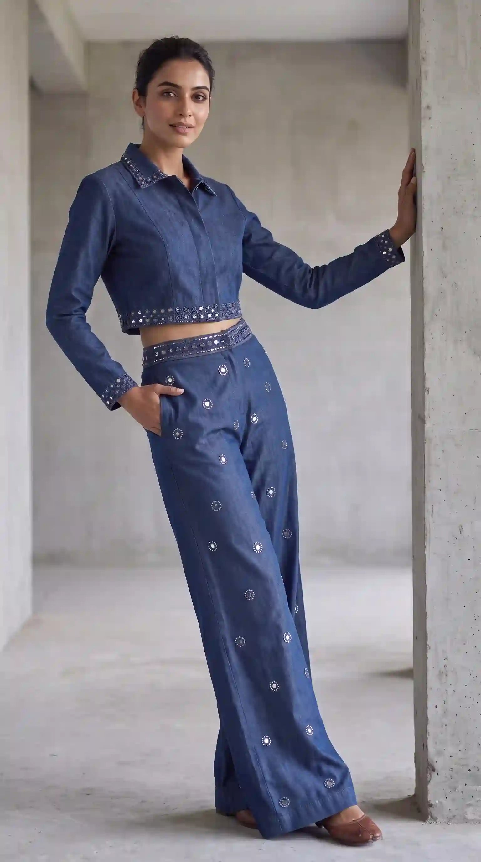 Blue Denim Mirror-Pearl Work Crop Shirt-Pant Set