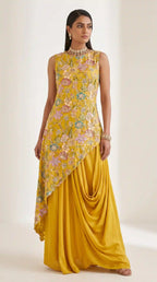 VEERA —Crepe Embroidered Asymmetrical Top & Draped Skirt Set
