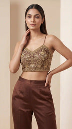 SITARA — Modal Silk Zardosi Brown Crop Top & Palazzo Pant and Blazer Set featuring zardosi hand embroidery
