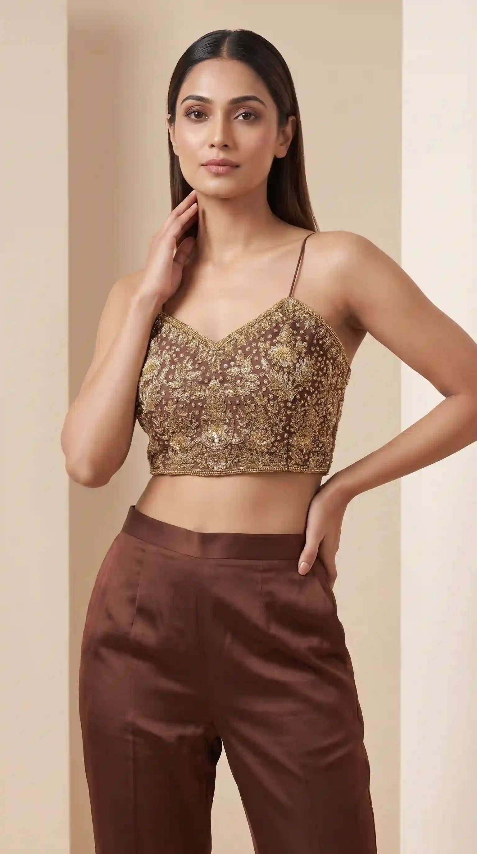SITARA — Modal Silk Zardosi Brown Crop Top & Palazzo Pant and Blazer Set featuring zardosi hand embroidery