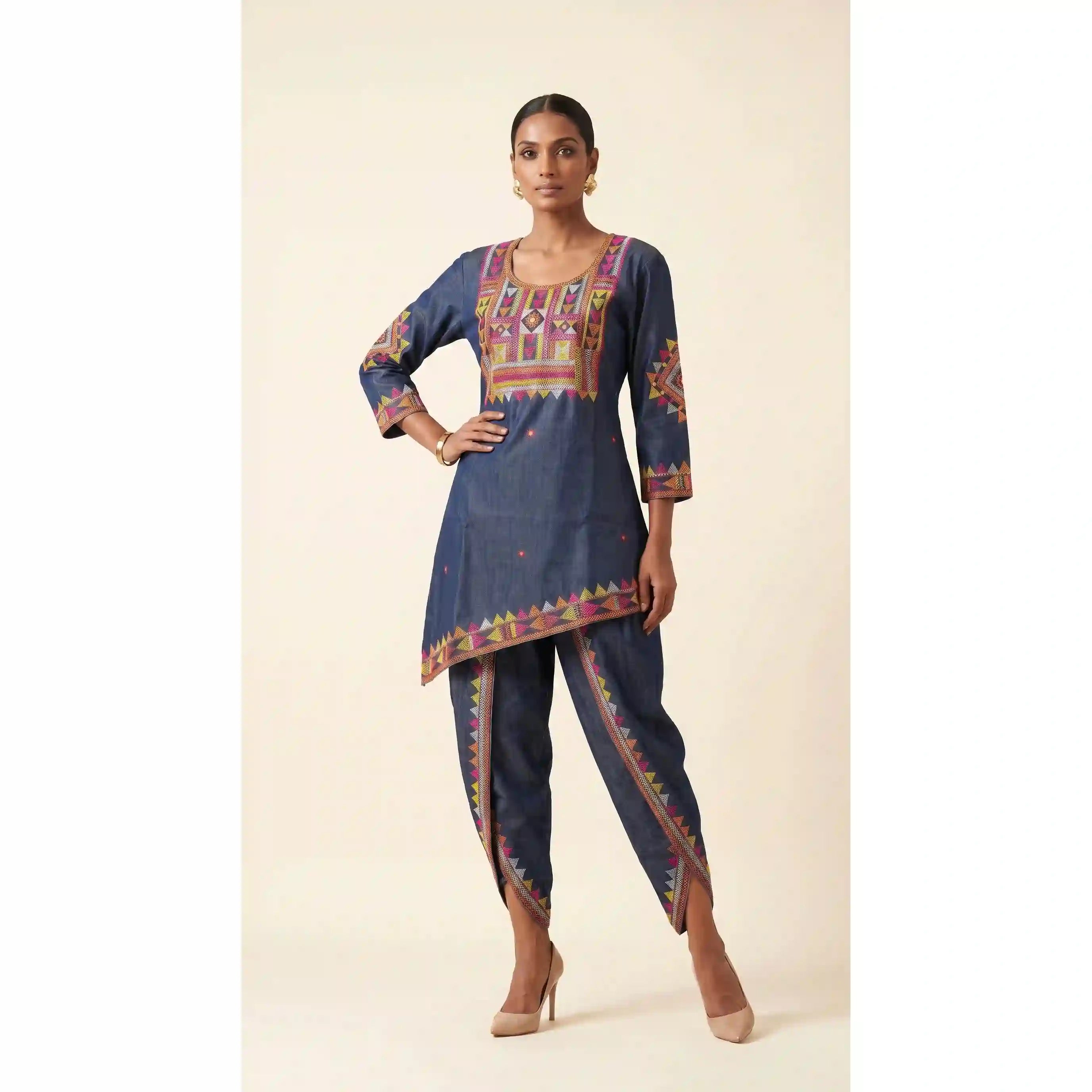 Blue Denim Lambani Tunic-Dhoti Set