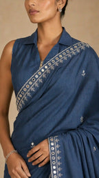 Denim Mirror Work Saree with Blouse