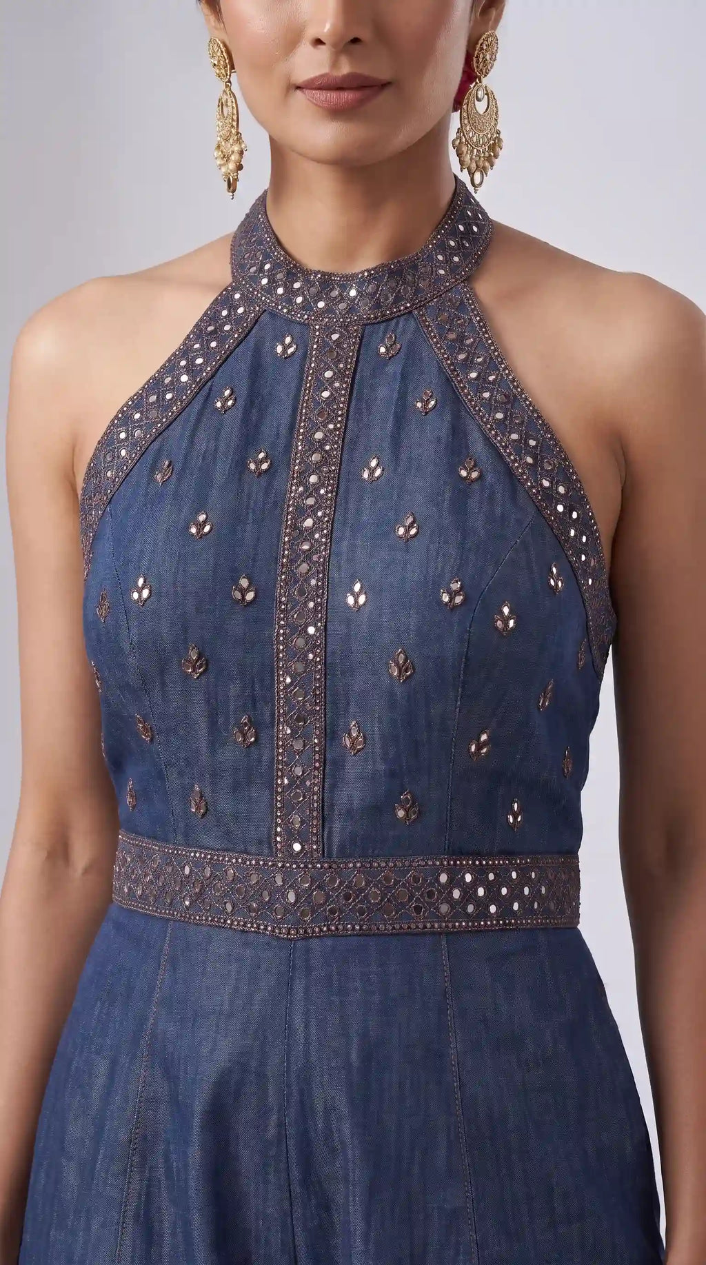 Blue Denim Mirror Work Halter Neck Jumpsuit