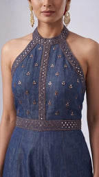 Blue Denim Mirror Work Halter Neck Jumpsuit