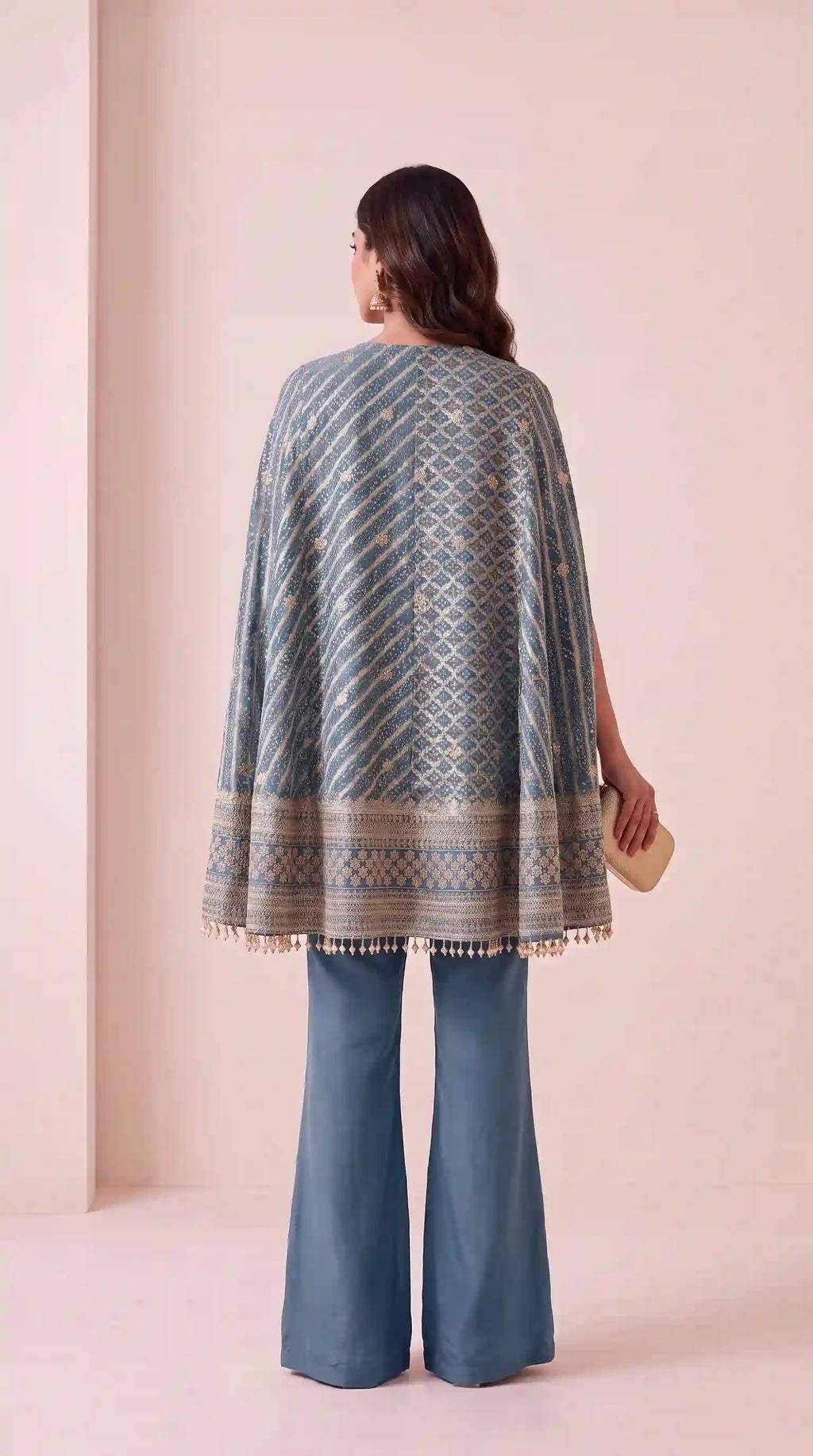 RANGIRA — Blue Bandhani Print Cape Top & Modal Silk Pant Set