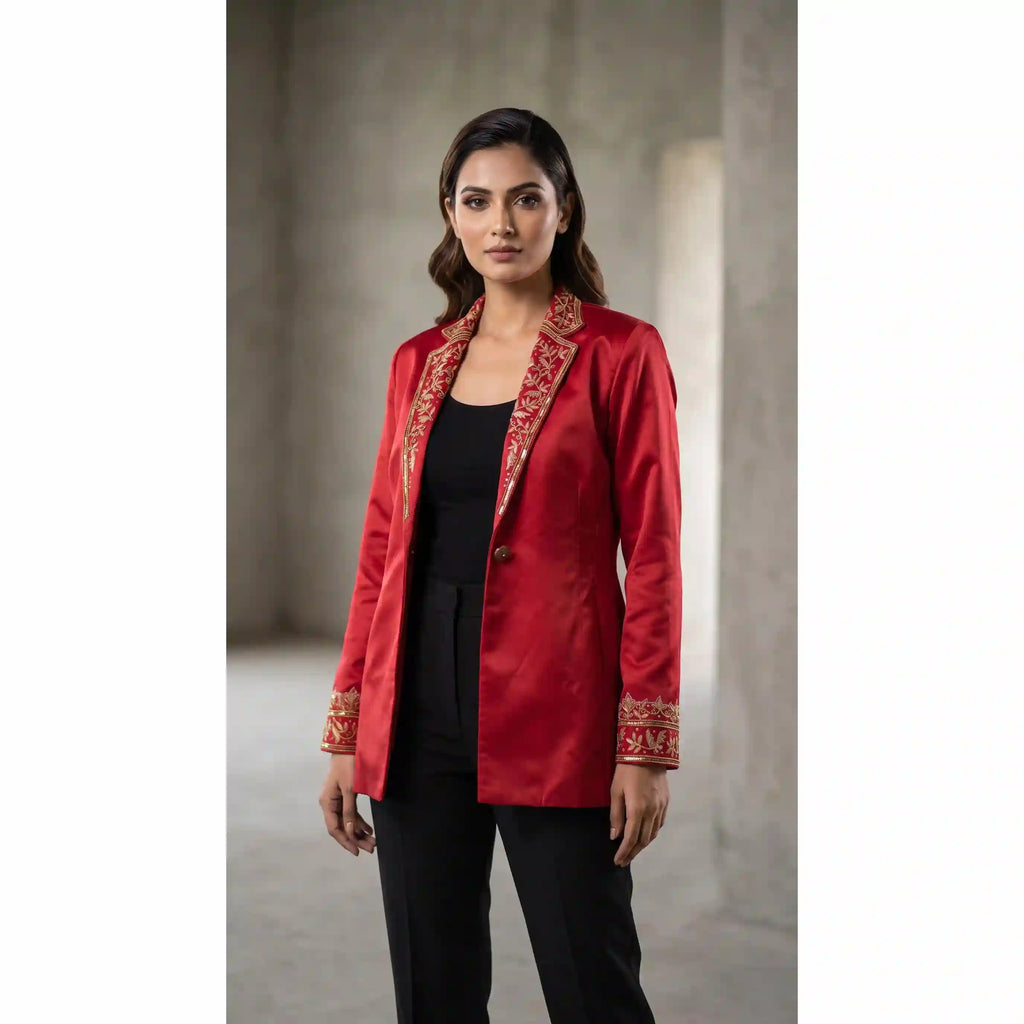 Red Modal Silk Zardosi Work Blazer featuring zardosi hand embroidery