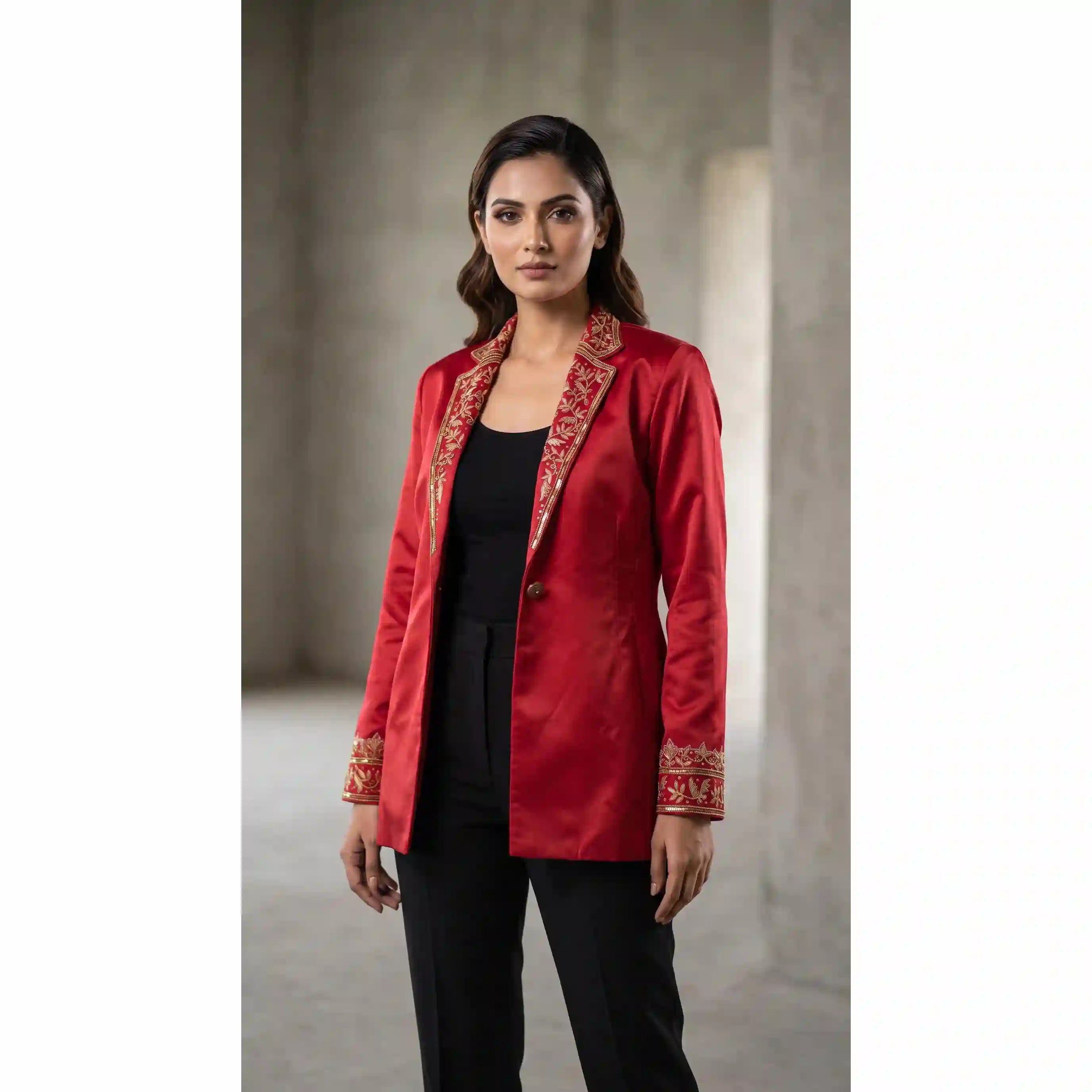 Red Modal Silk Zardosi Work Blazer featuring zardosi hand embroidery