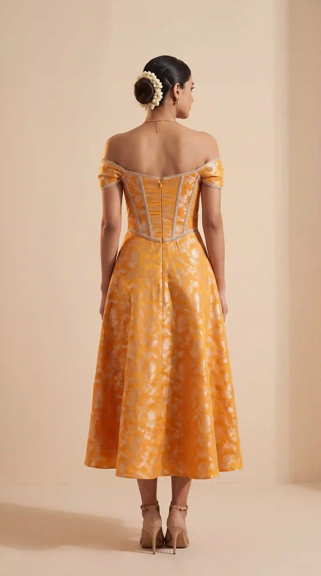 Yellow Chanderi Brocade Corset Midi Dress