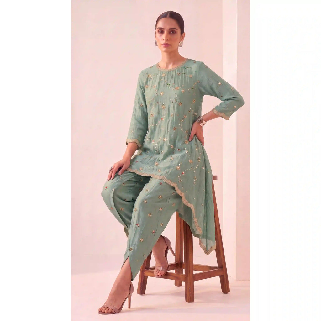 IRAAYA — Sage Green Crushed Tissue Silk Kurta & Tulip Dhoti Set