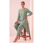 IRAAYA — Sage Green Crushed Tissue Silk Kurta & Tulip Dhoti Set — thumbnail 1