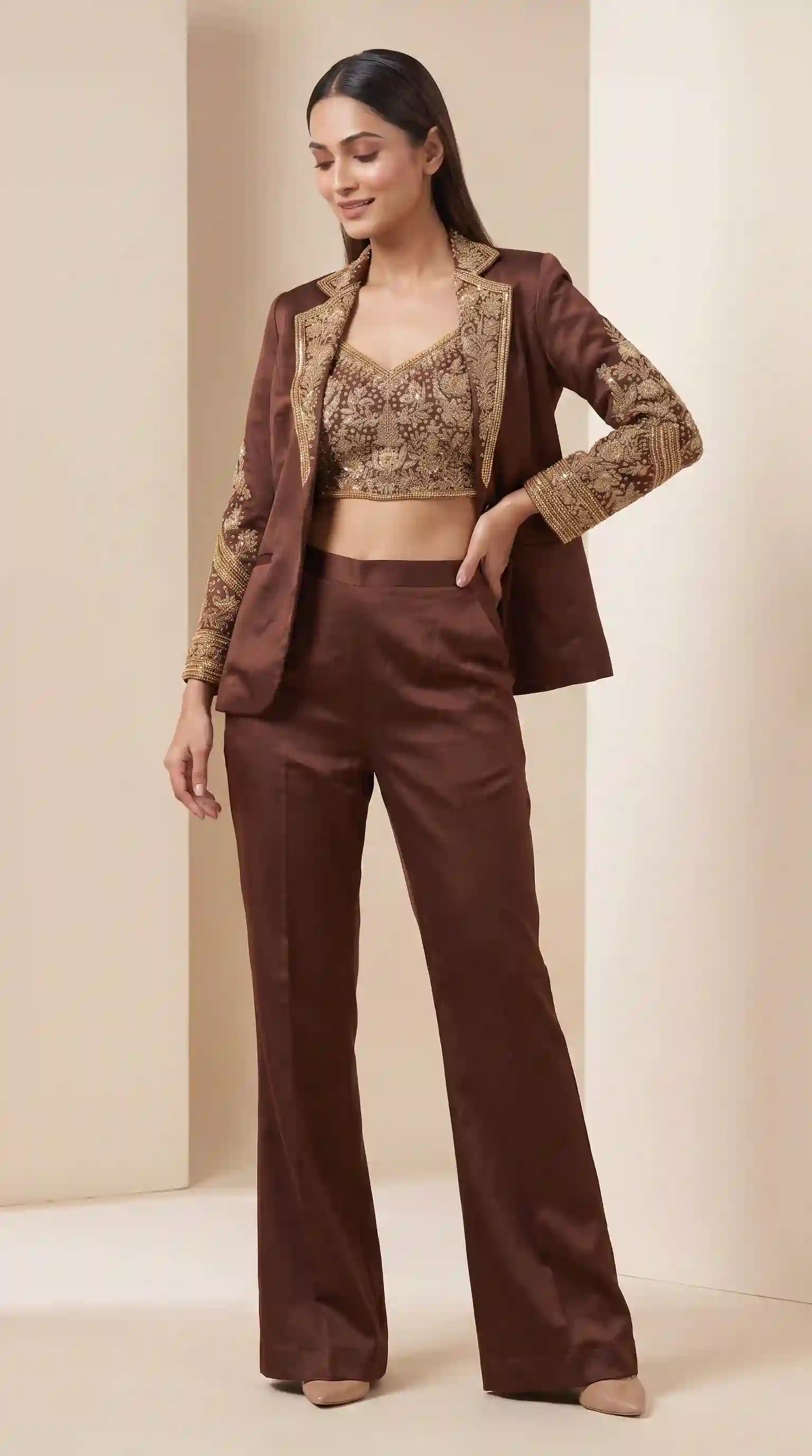 SITARA — Modal Silk Zardosi Brown Crop Top & Palazzo Pant and Blazer Set featuring zardosi hand embroidery