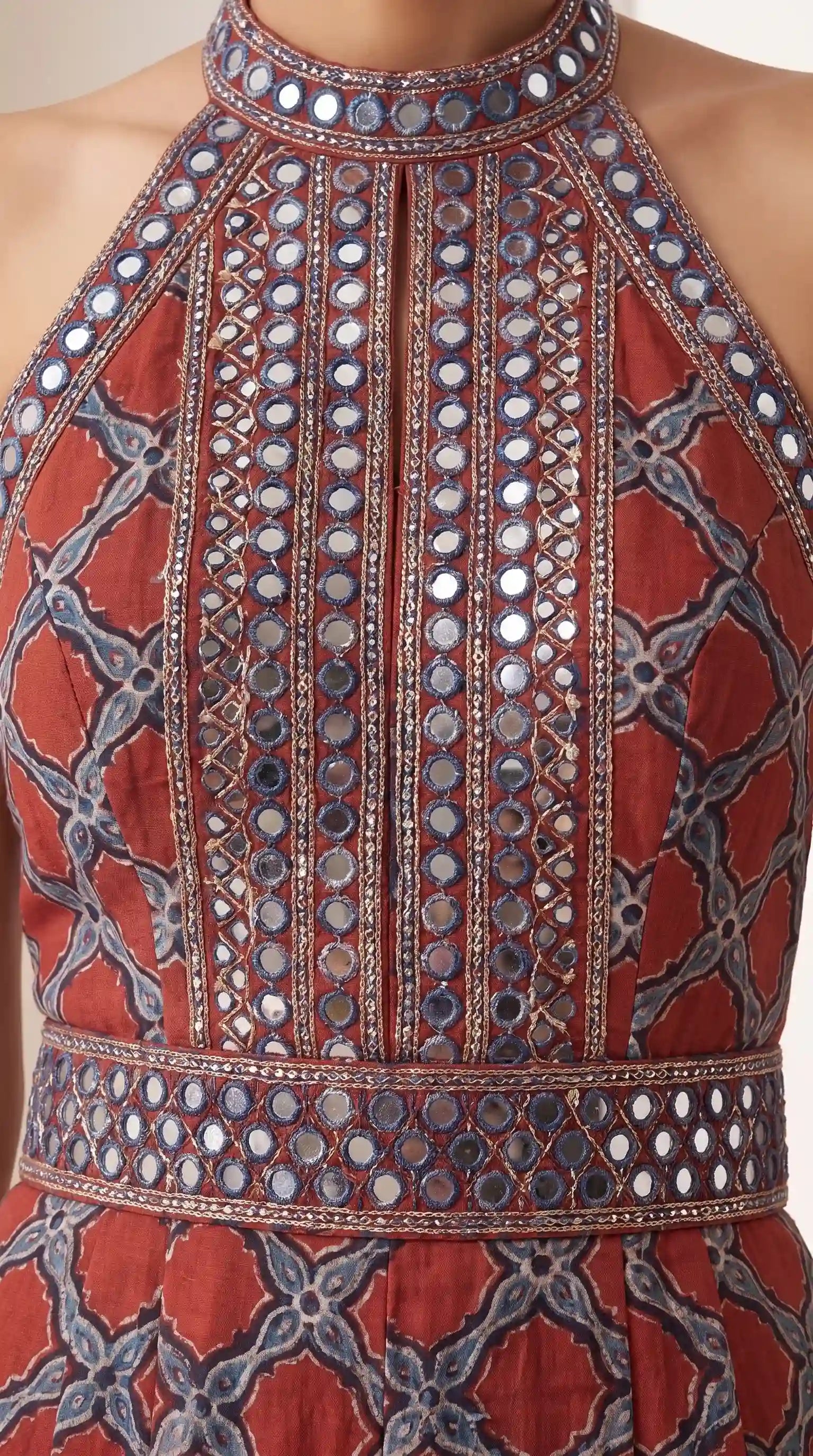 Rust Red Ajrakh Modal Silk Jumpsuit with Mirror Work